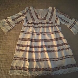 NWT White and Brown Striped Dress with Lace Trim